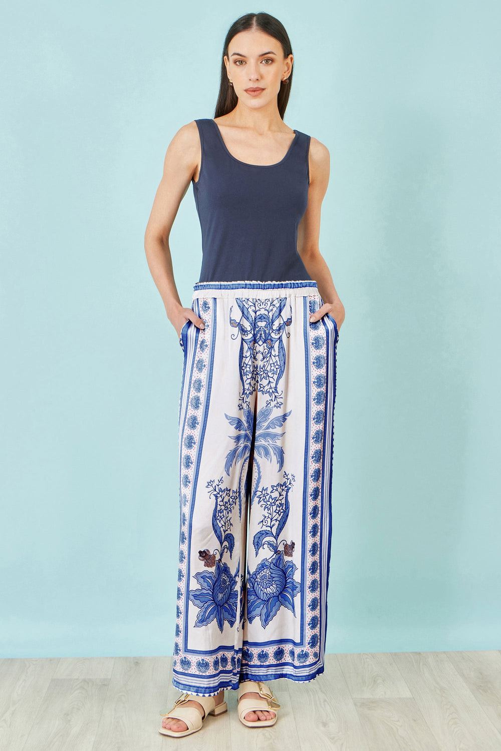 Yumi Blue Satin Print Placement Relaxed Trousers