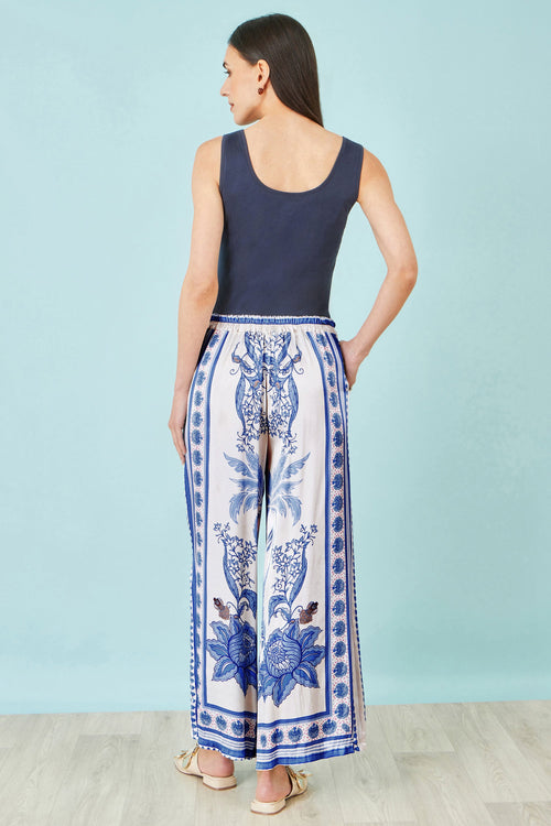 Yumi Blue Satin Print Placement Relaxed Trousers