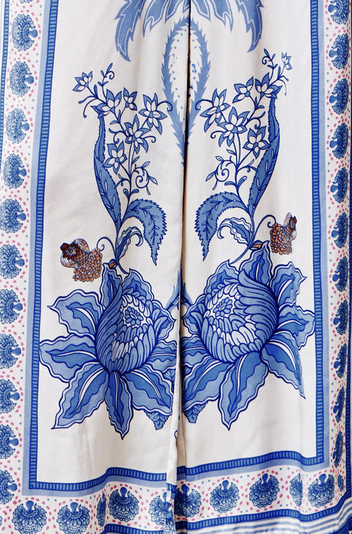 Yumi Blue Satin Print Placement Relaxed Trousers