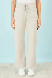 Yumi Cream Relaxed Stretch Wide Leg Trousers With Pockets