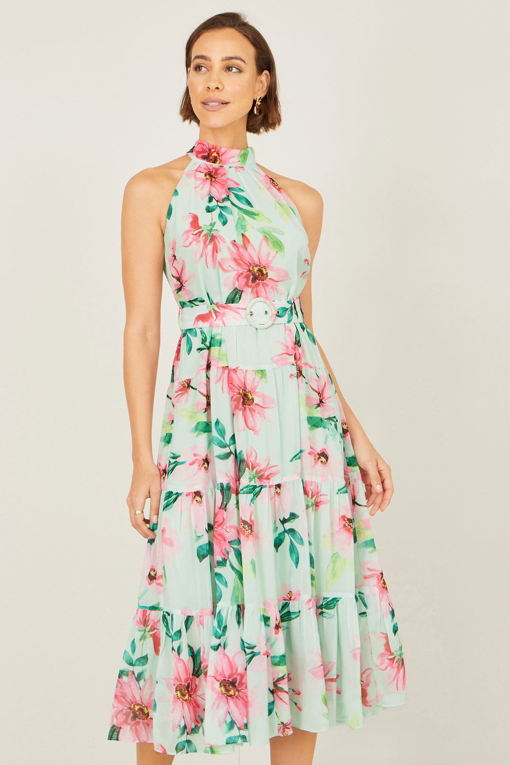 Yumi Mint Floral Halter Neck Midi Dress With Matching Belt