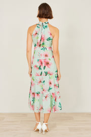 Yumi Mint Floral Halter Neck Midi Dress With Matching Belt