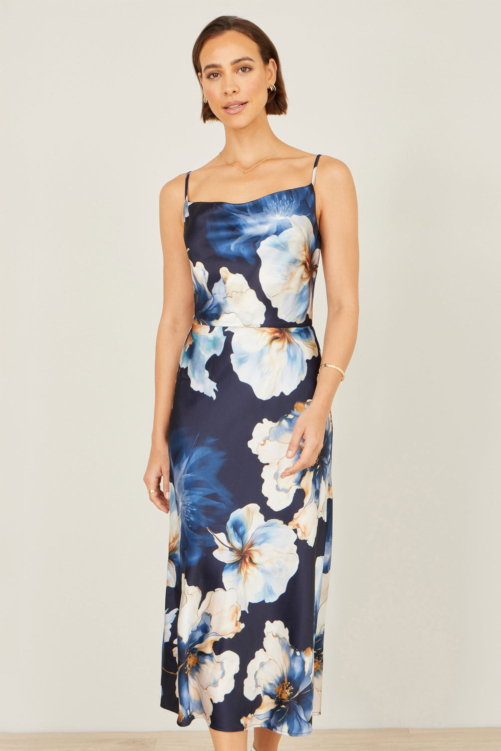 Yumi Navy Cowl Neck Satin Floral Dress