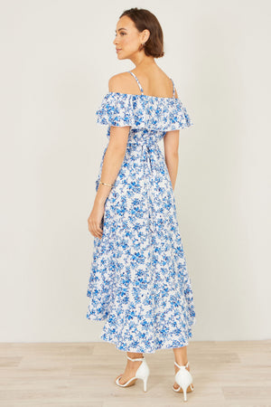 Yumi Blue Floral Print Bardot Midi Dress With Dip Hem