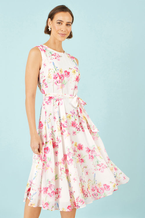 Yumi White Delicate Floral Midi Skater Dress