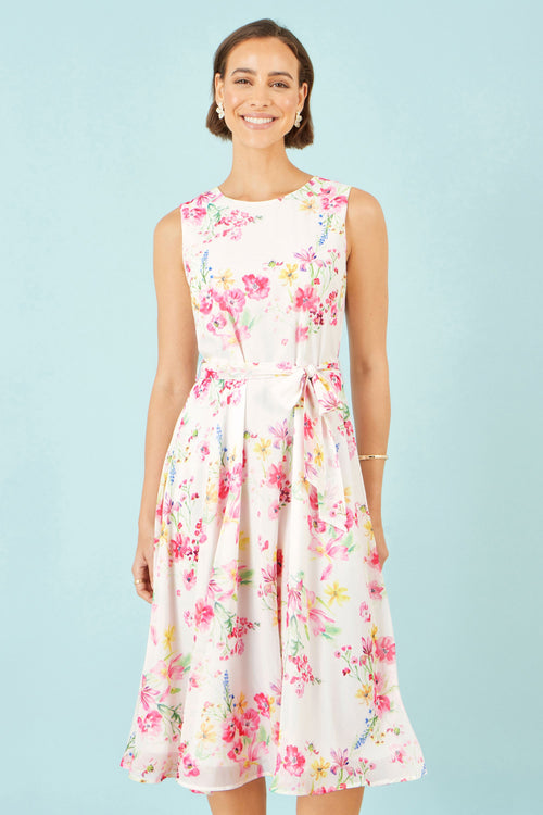Yumi White Delicate Floral Midi Skater Dress