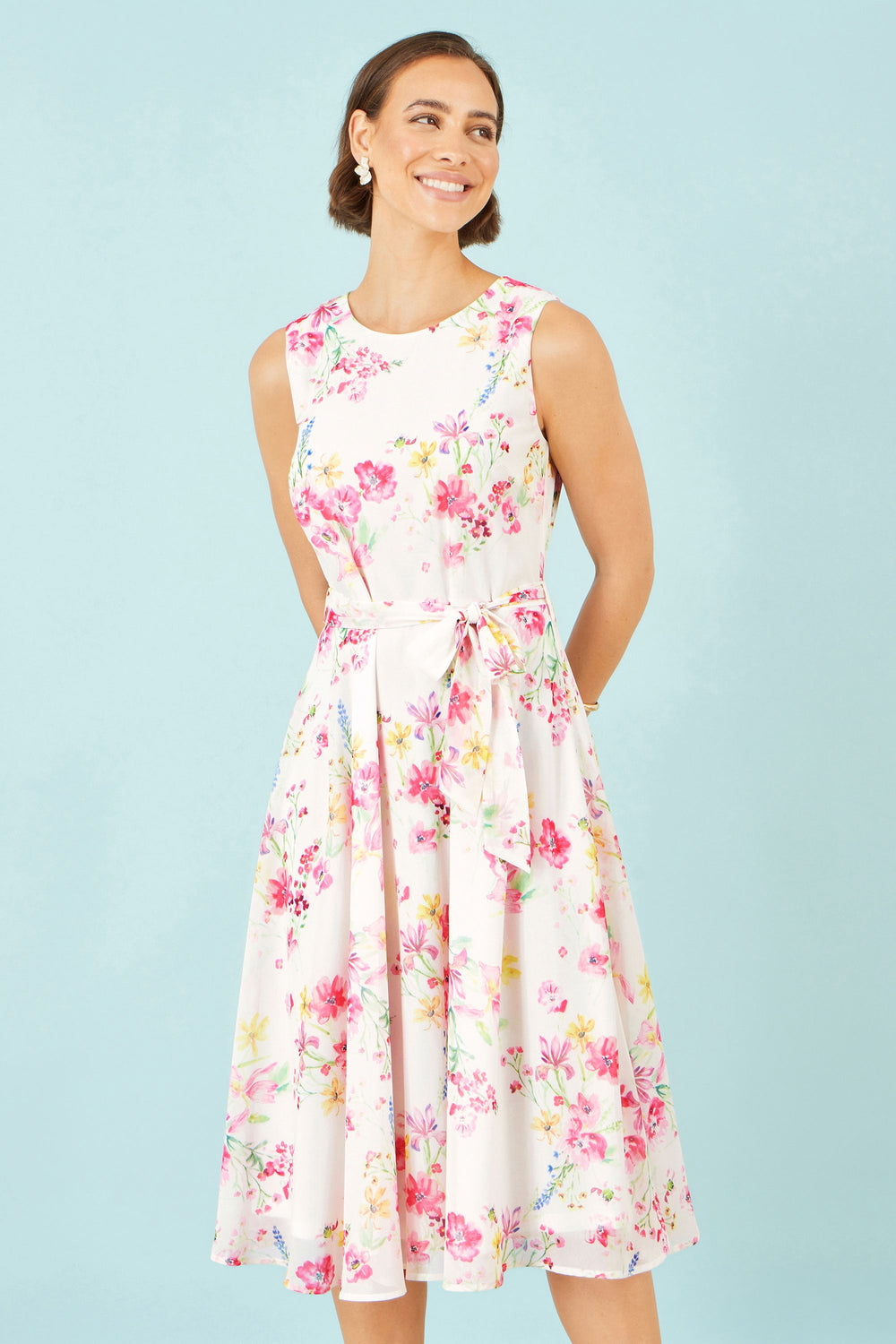 Yumi White Delicate Floral Midi Skater Dress