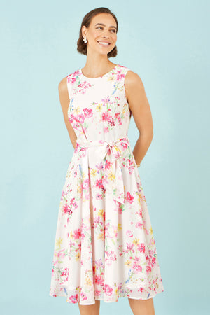 Yumi White Delicate Floral Midi Skater Dress