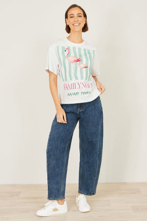 Yumi White Retro Relaxed Flamingo Cotton T Shirt