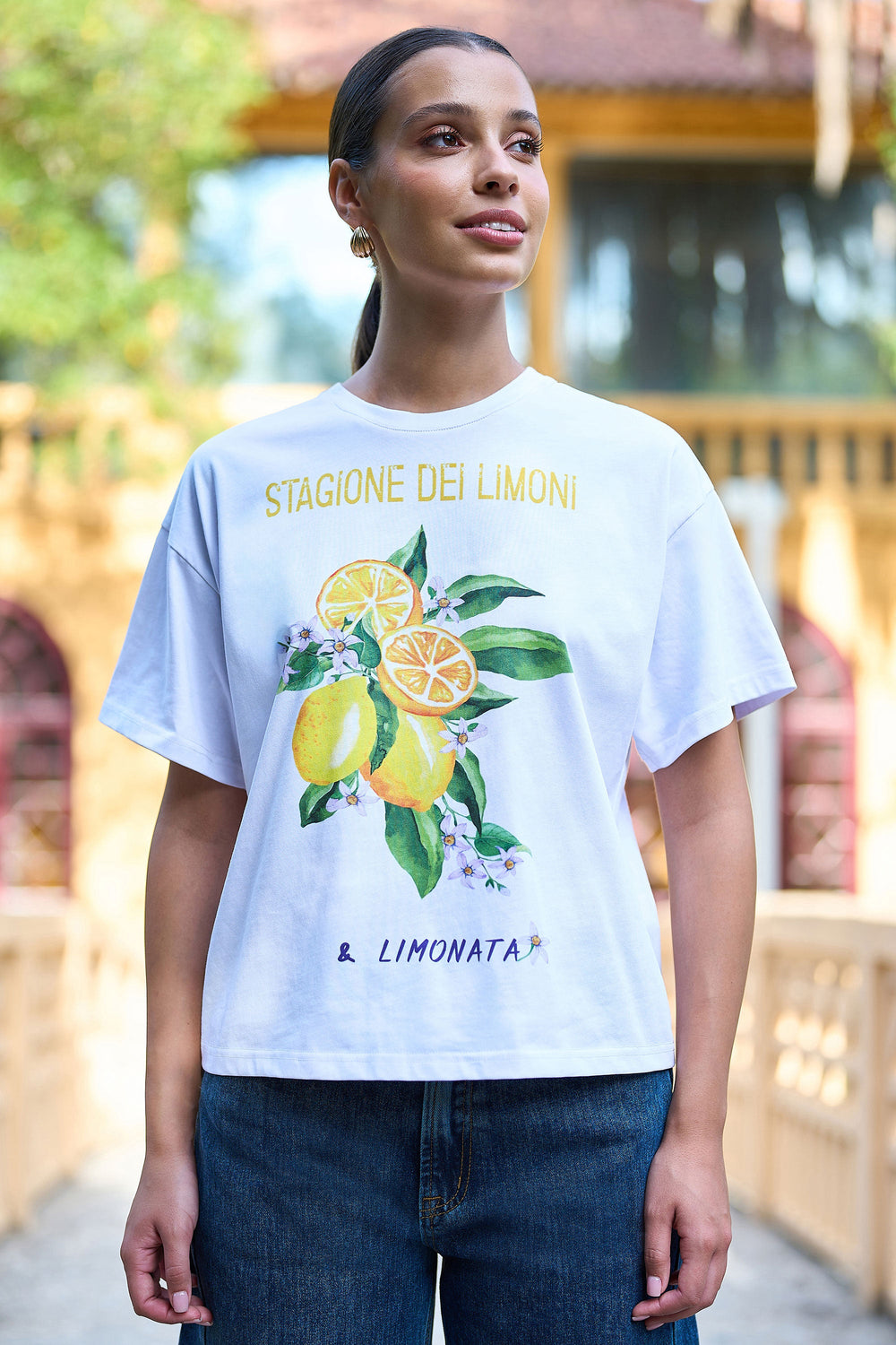 Yumi White Retro Relaxed Lemon Print Cotton T Shirt