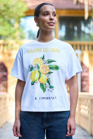 Yumi White Retro Relaxed Lemon Print Cotton T Shirt