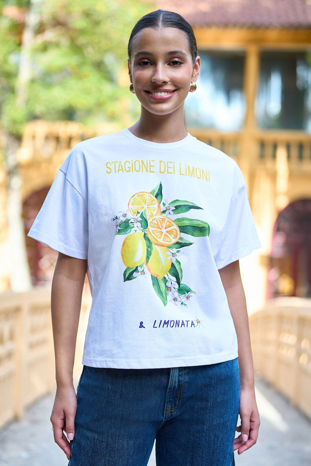 Yumi White Retro Relaxed Lemon Print Cotton T Shirt