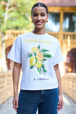 Yumi White Retro Relaxed Lemon Print Cotton T Shirt