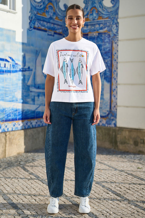 Yumi White Cotton Summer Motif T-Shirt