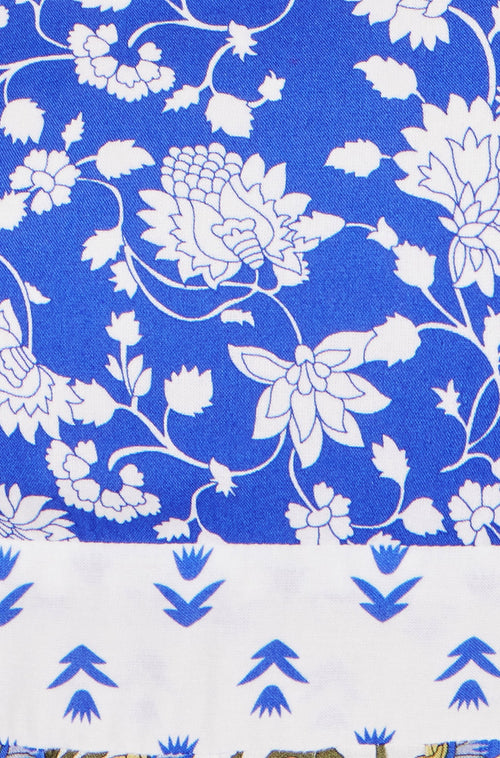 Yumi White And Blue Rayon Patchwork Print Tiered Maxi Dress