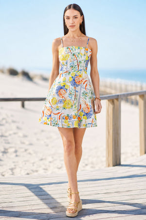 Yumi White Mediterranean Print Cotton Mini Sun Dress
