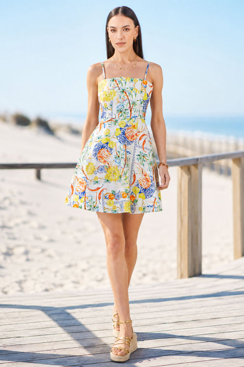 Yumi White Mediterranean Print Cotton Mini Sun Dress