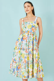 Yumi White Mediterranean Print Cotton Midi Sun Dress