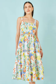 Yumi White Mediterranean Print Cotton Midi Sun Dress