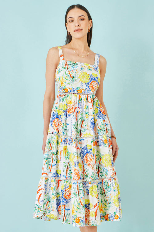 Yumi White Mediterranean Print Cotton Midi Sun Dress