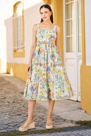 Yumi White Mediterranean Print Cotton Midi Sun Dress