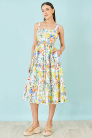 Yumi White Mediterranean Print Cotton Midi Sun Dress