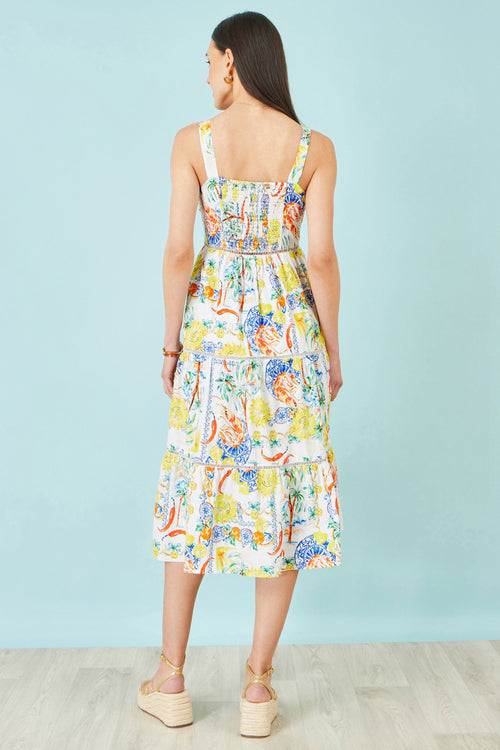 Yumi White Mediterranean Print Cotton Midi Sun Dress