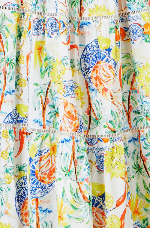 Yumi White Mediterranean Print Cotton Midi Sun Dress