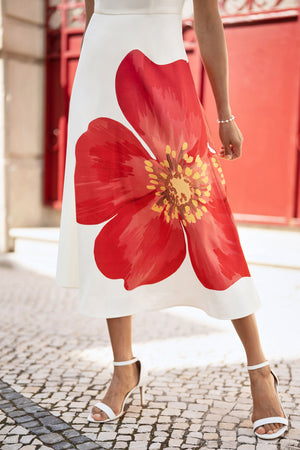 Yumi White Oversize Poppy Placement Midi Sun Dress