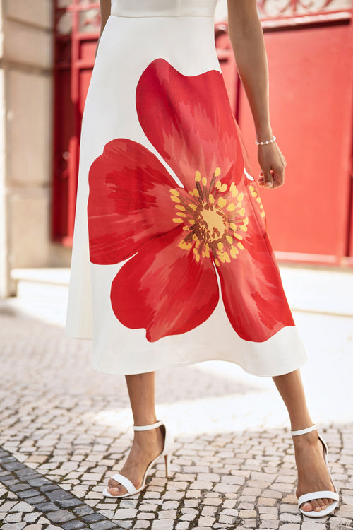Yumi White Oversize Poppy Placement Midi Sun Dress