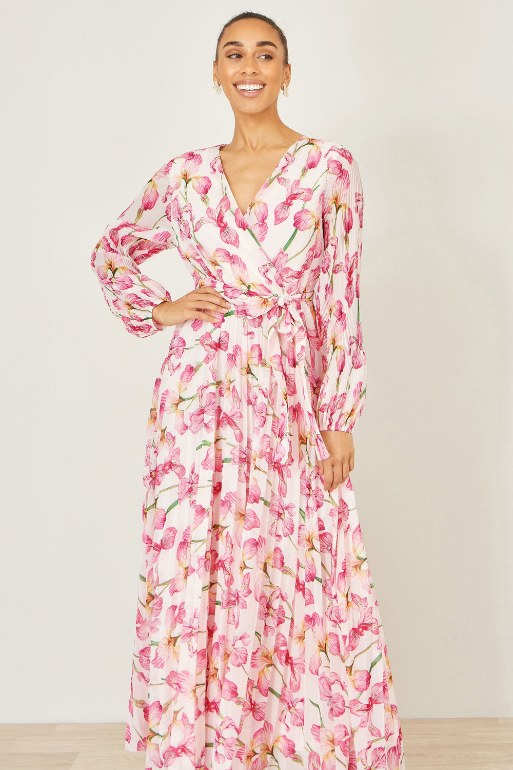 Yumi White Orchid Floral Pleated Wrap Maxi Dress