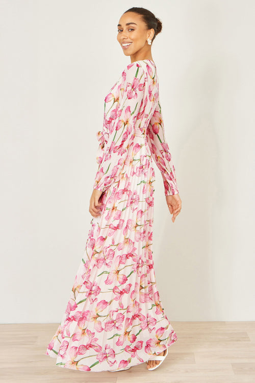 Yumi White Orchid Floral Pleated Wrap Maxi Dress
