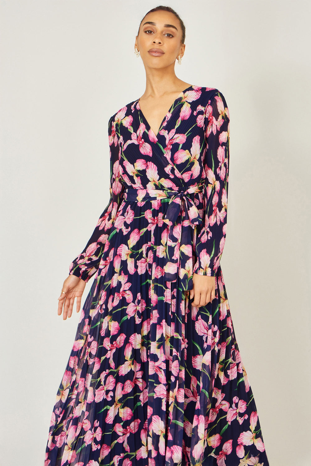 Yumi Navy Orchid Floral Pleated Wrap Maxi Dress