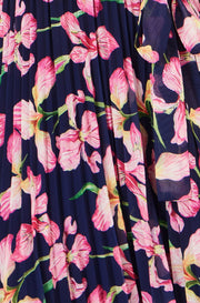 Yumi Navy Orchid Floral Pleated Wrap Maxi Dress