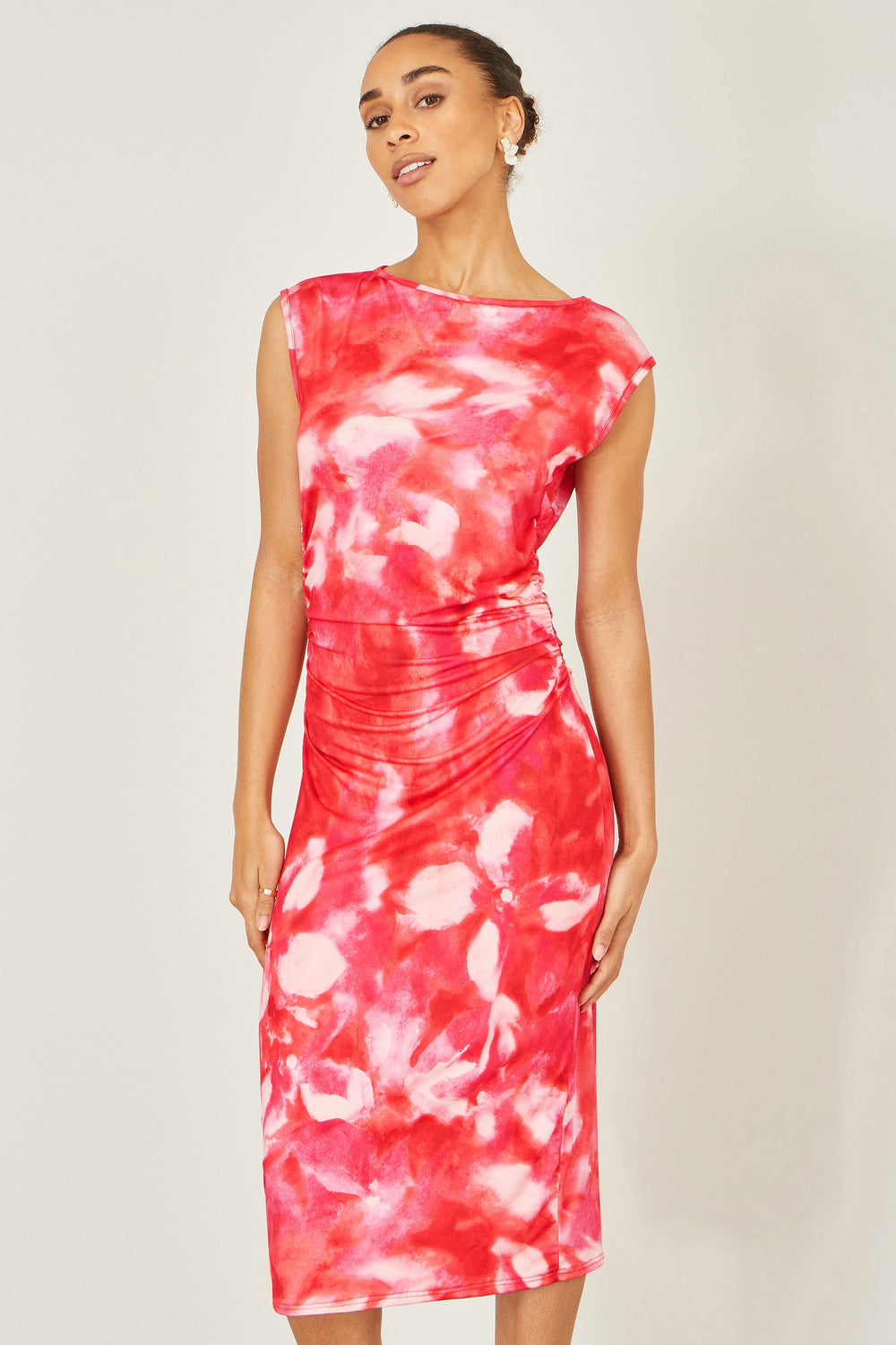 Yumi Red Mesh Ruched Bodycon Midi Dress