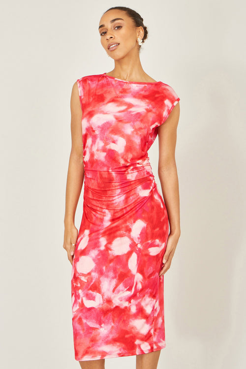 Yumi Red Mesh Ruched Bodycon Midi Dress
