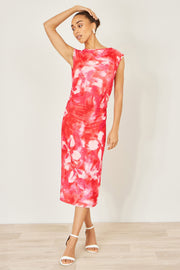 Yumi Red Mesh Ruched Bodycon Midi Dress