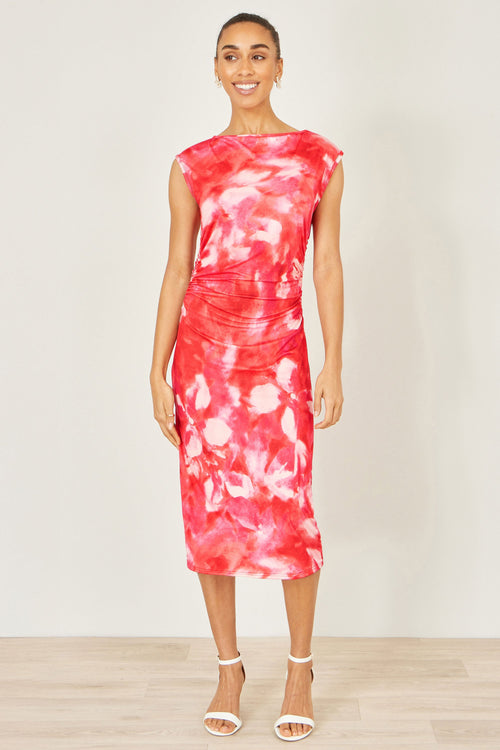 Yumi Red Mesh Ruched Bodycon Midi Dress