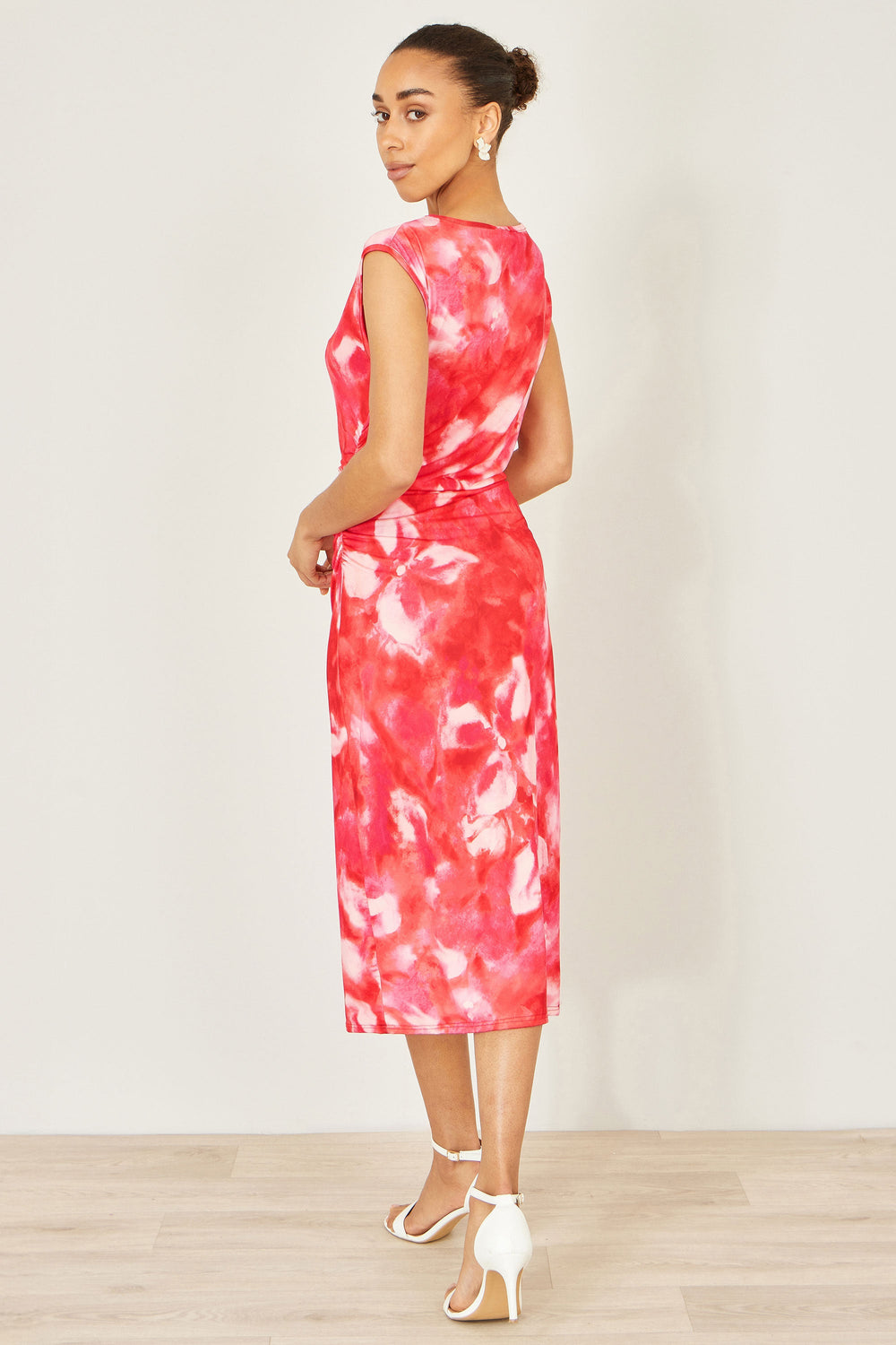 Yumi Red Mesh Ruched Bodycon Midi Dress