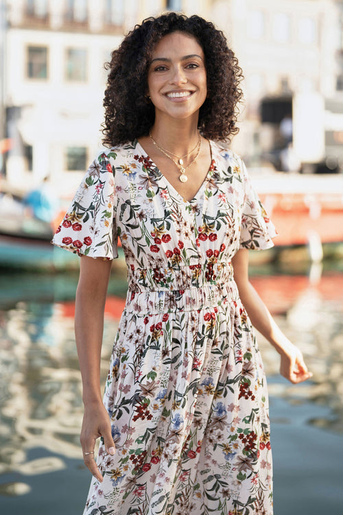 Yumi Ivory Botanical Print Viscose Midi Dress