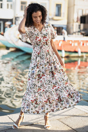 Yumi Ivory Botanical Print Viscose Midi Dress