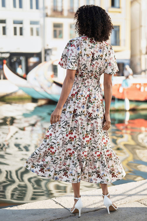 Yumi Ivory Botanical Print Viscose Midi Dress
