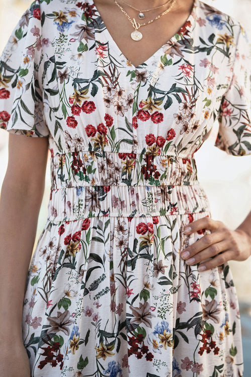 Yumi Ivory Botanical Print Viscose Midi Dress