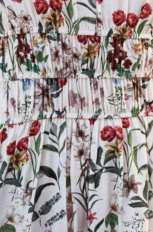 Yumi Ivory Botanical Print Viscose Midi Dress