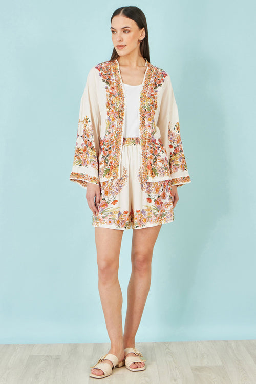 Yumi Ivory Viscose Floral Border Shorts