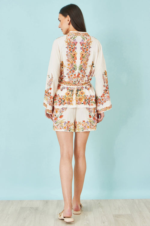 Yumi Ivory Viscose Floral Border Shorts
