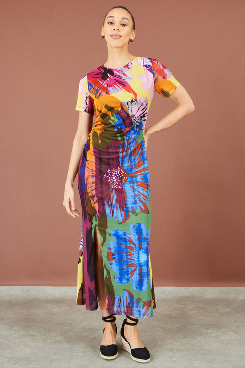Yumi Multicolour Abstract Floral Mesh Midi Dress