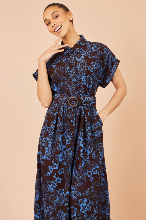 Yumi Brown Paisley Midi Shirt Dress