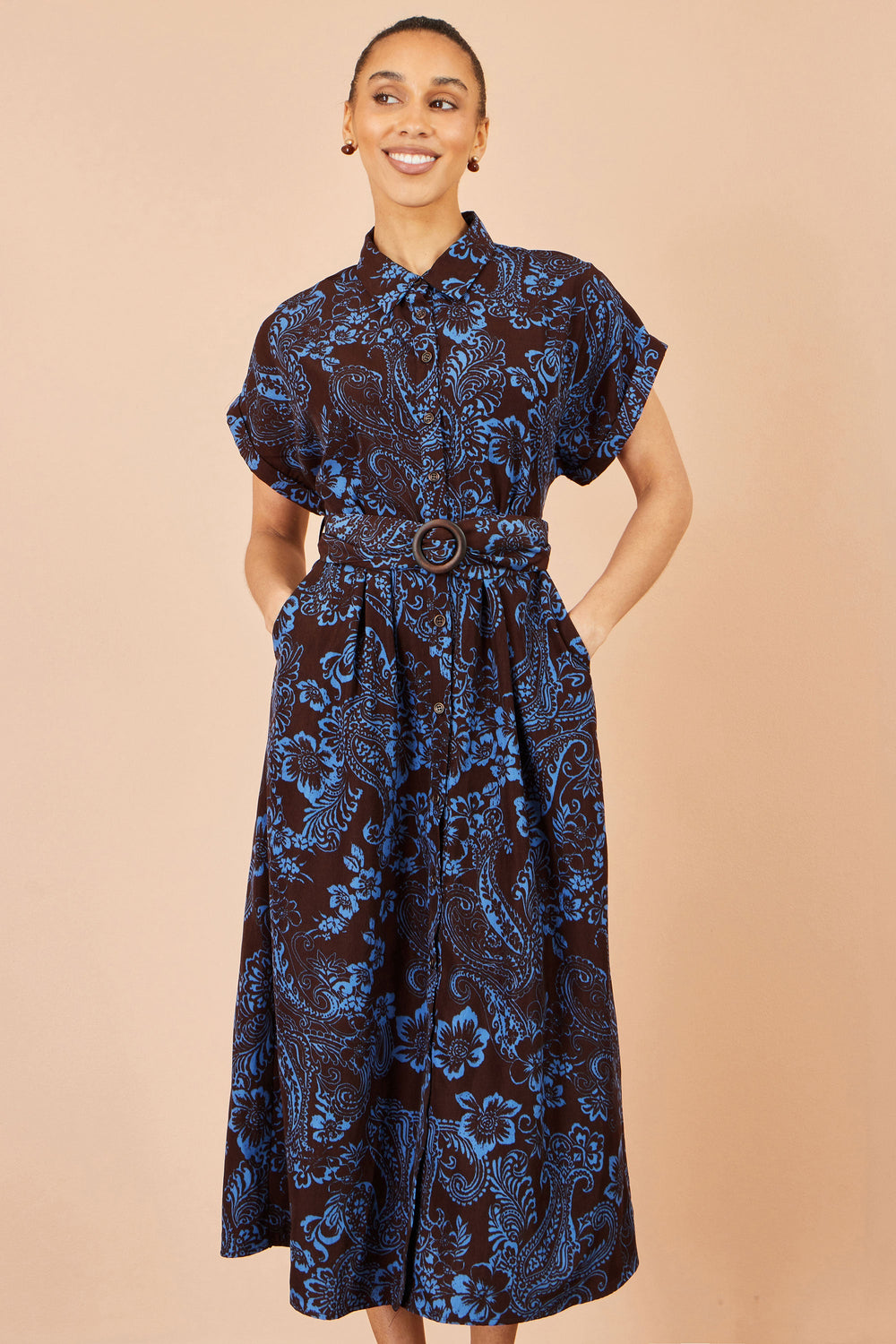 Yumi Brown Paisley Midi Shirt Dress