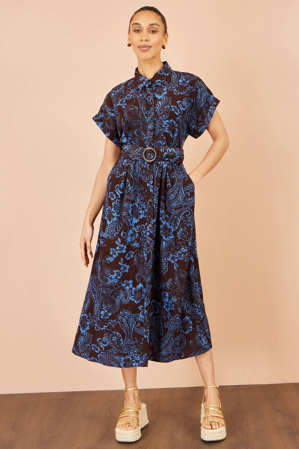 Yumi Brown Paisley Midi Shirt Dress
